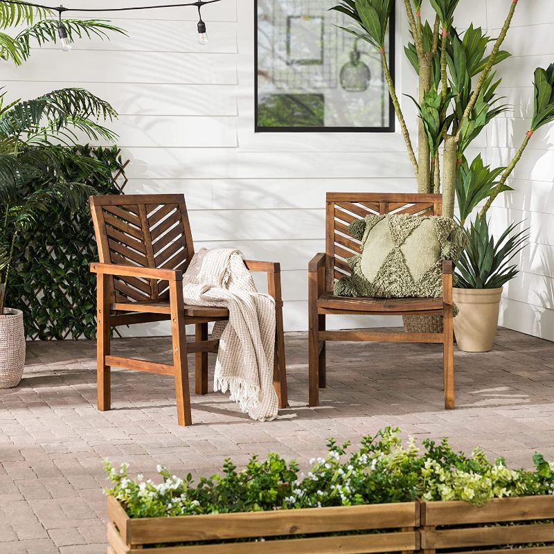 Photo 1 of Walker Edison 2 Piece Outdoor Patio Chevron Wood Chair Set All Weather Backyard Conversation Garden Poolside Balcony, Set of 2, Dark Brown
