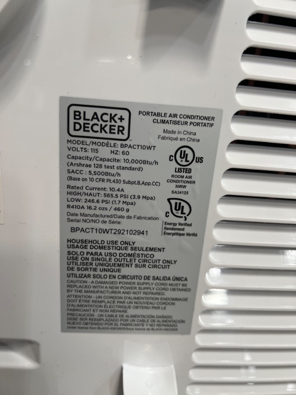 Photo 6 of BLACK+DECKER BPACT10WT AC with Remote Control Portable Air Conditioner, 10,000 BTU, White
