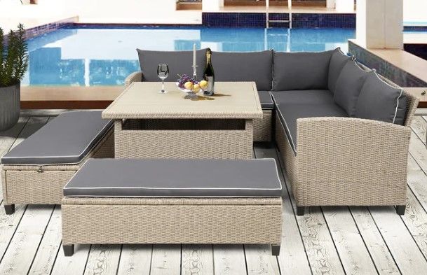 Photo 1 of *Incomplete set*
Box 2 of 4
6-Piece Patio Furniture Set Outdoor Wicker Rattan Sectional Sofa with Table and Benches for Backyard, Garden, Poolside
