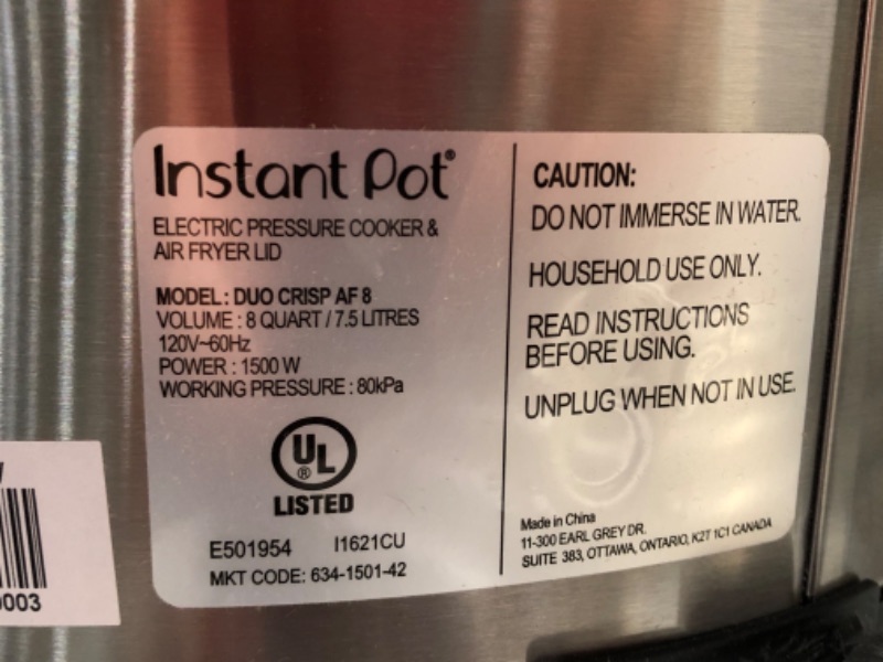 Photo 2 of (DAMAGE, DOES NOT FUNCTION)Instant Pot 8 qt 11-in-1 Air Fryer Duo Crisp + Electric Pressure Cooker
**HANDLE BROKEN, DENTS, POWERS ON, NOT FUNCTIONAL**