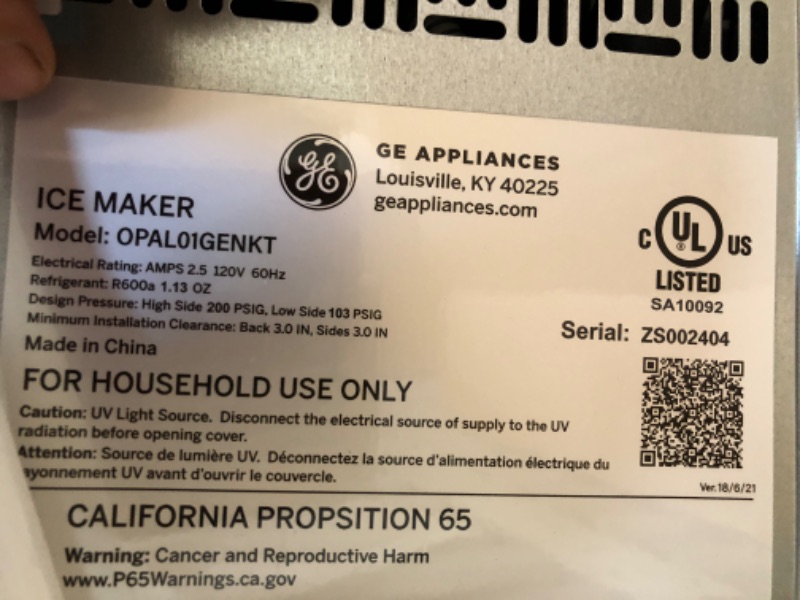 Photo 6 of **PARTS ONLY**
GE Profile Opal | Countertop Nugget Ice Maker with Side Tank | Portable Ice Machine Makes up to 24 Lbs. of Ice per Day | Stainless Steel Finish
