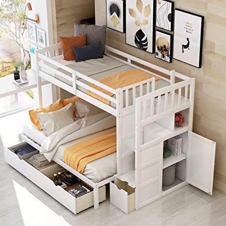 Photo 1 of **iNCOMPLETE** ONLY BOXES 2,3/3** Twin Over Full/Twin Bunk Bed, Convertible Bottom Bed, Bed Frame with Storage Shelves , Drawers and Full-Length Guardrail for Kids, Teens and Adults.No Spring Box Required (White)
