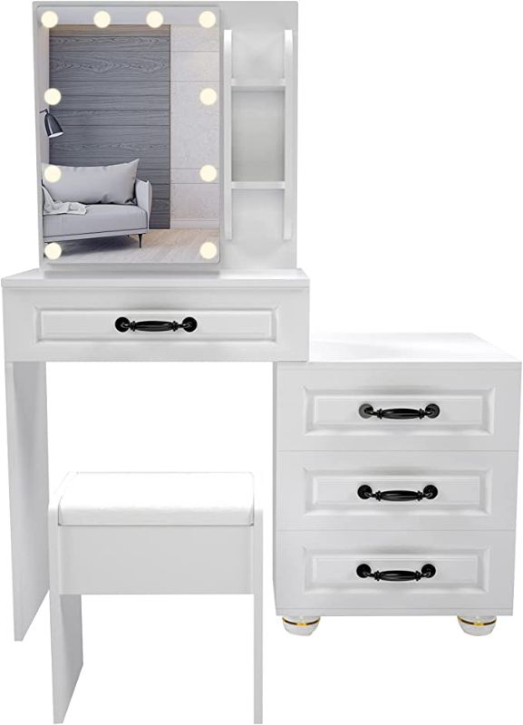 Photo 1 of Saihemei Makeup Vanity Desk with Lighted Mirror, Dressing Table Set with Soft Cushioned Stool, 4 Drawers & 3 Compartments, 10 Led Lights & 3 Light Models, White, F15
