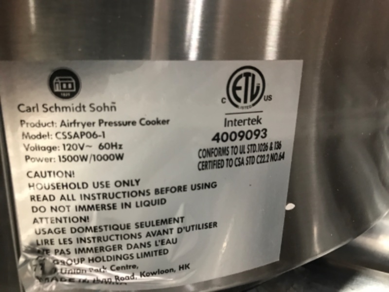 Photo 1 of 1829 CARL SCHMIDT SOHN 6Qt Pressure Cooker & Air Fryer Combo - All-in-One Multi-Cooker with Pressure & Air Fryer Lid, Steamer Cooker, 1500W Pressure, LED Touchscreen, Air Fryer with 3Qt Air Fry Basket
