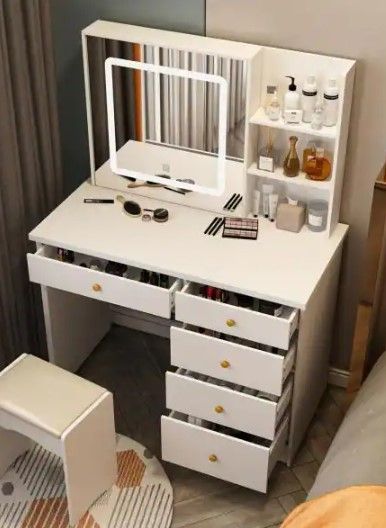 Photo 1 of  FUFU&GAGA5-Drawers White Makeup Vanity Sets Dressing Table Sets with LED Dimmable Mirror, Stool and 3-Tier Storage Shelves