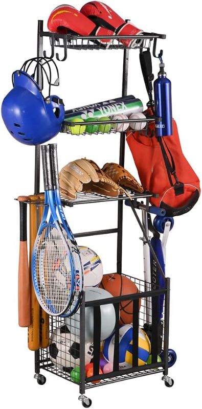 Photo 1 of **MISSING HARDWARE** Snail 4-Tier Garage Sports Equipment Storage Organizer Sports Ball Storage Rolling Cart with Basket and Hooks Lockable Sports Ball Cage Storage Rack for Garages, Playgroup, Gym and Schools, Black
