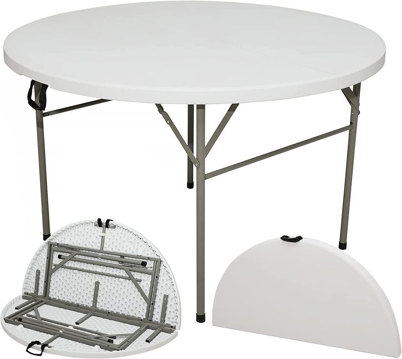 Photo 1 of **DAMAGED** Byliable 48" Round Folding Table, 4 Feet Portable Plastic Dining Card Table for Kitchen or Outdoor Party Wedding Event, with Carrying Handle
