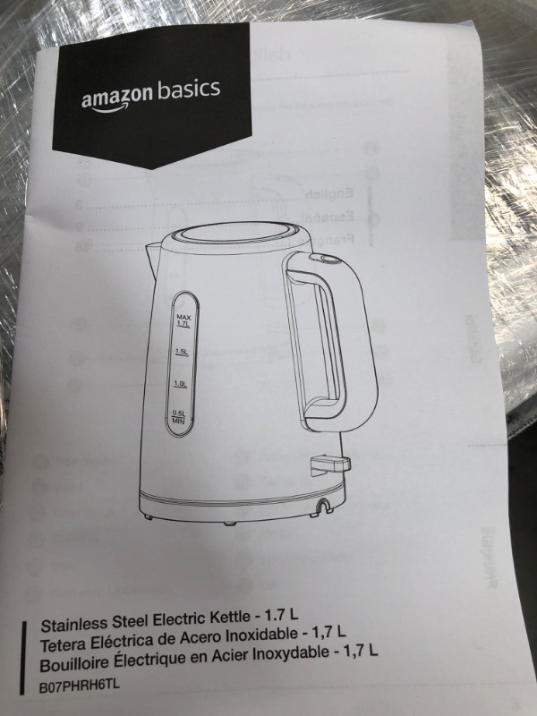 Photo 2 of *** PARTS ONLY ***
Amazon Basics Stainless Steel Fast, Portable Electric Hot Water Kettle for Tea and Coffee, 1.7-Liter, Silver
