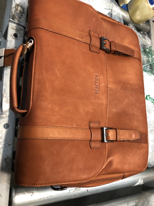 Photo 2 of Kenneth Cole Reaction Show Business Full-Grain Colombian Leather Dual Compartment Flapover 15.6-inch Laptop Business Portfolio, Cognac