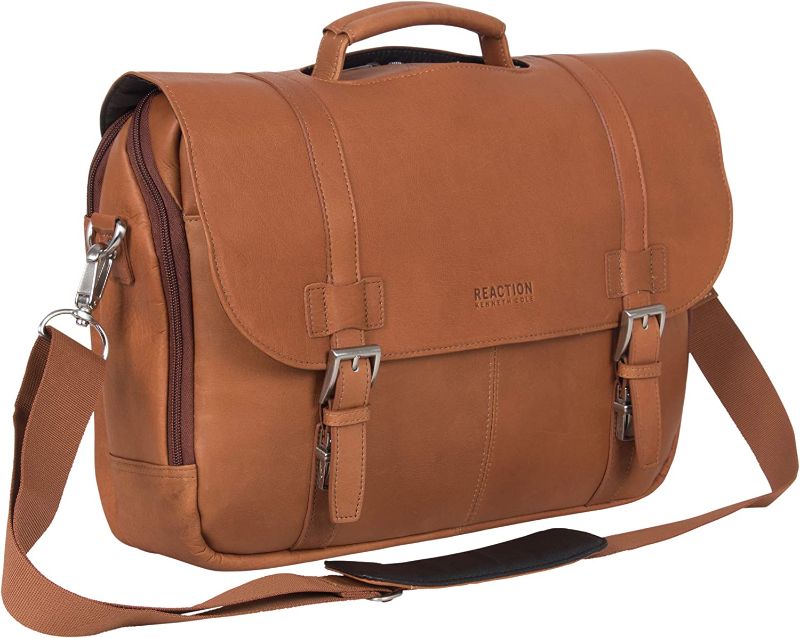 Photo 1 of Kenneth Cole Reaction Show Business Full-Grain Colombian Leather Dual Compartment Flapover 15.6-inch Laptop Business Portfolio, Cognac