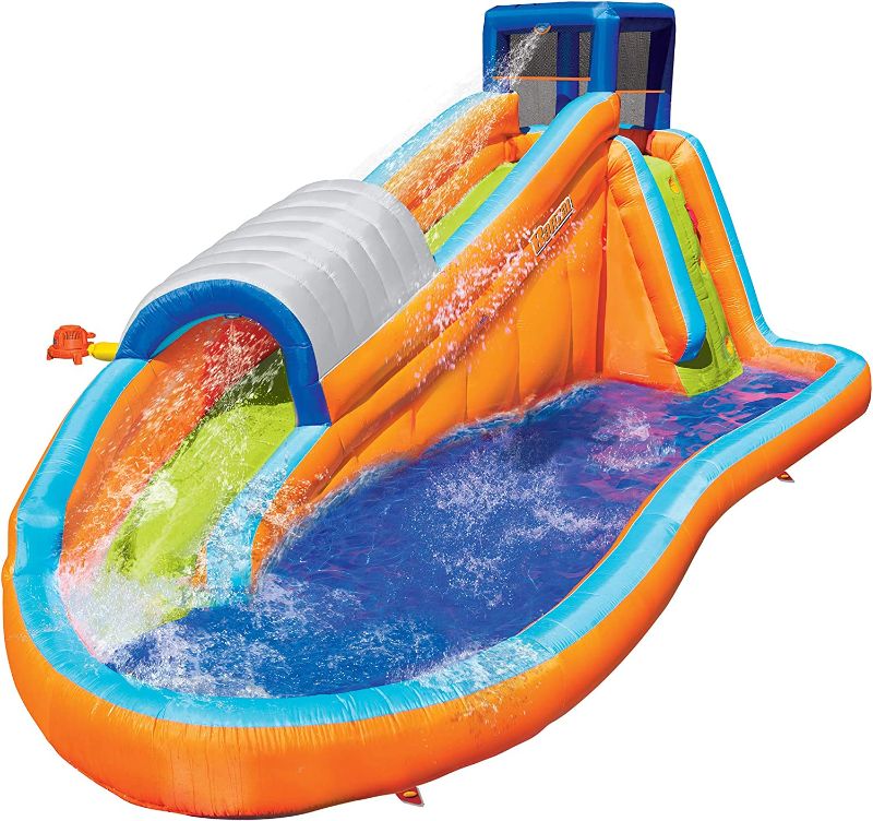 Photo 1 of Banzai Surf Rider Water Park, Length: 17 ft 7 in, Width: 9 ft 6 in, Height: 7 ft 11 in, Inflatable Outdoor Backyard Water Slide Toy with Climbing Wall, Tunnel Slide, and Lagoon Splash Pool