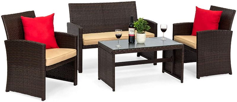 Photo 1 of ***INCOMPLETE*** Best Choice Products 4-Piece Wicker Patio Conversation Furniture Set w/ 4 Seats, Tempered Glass Table Top - Brown Wicker/Beige Cushions
