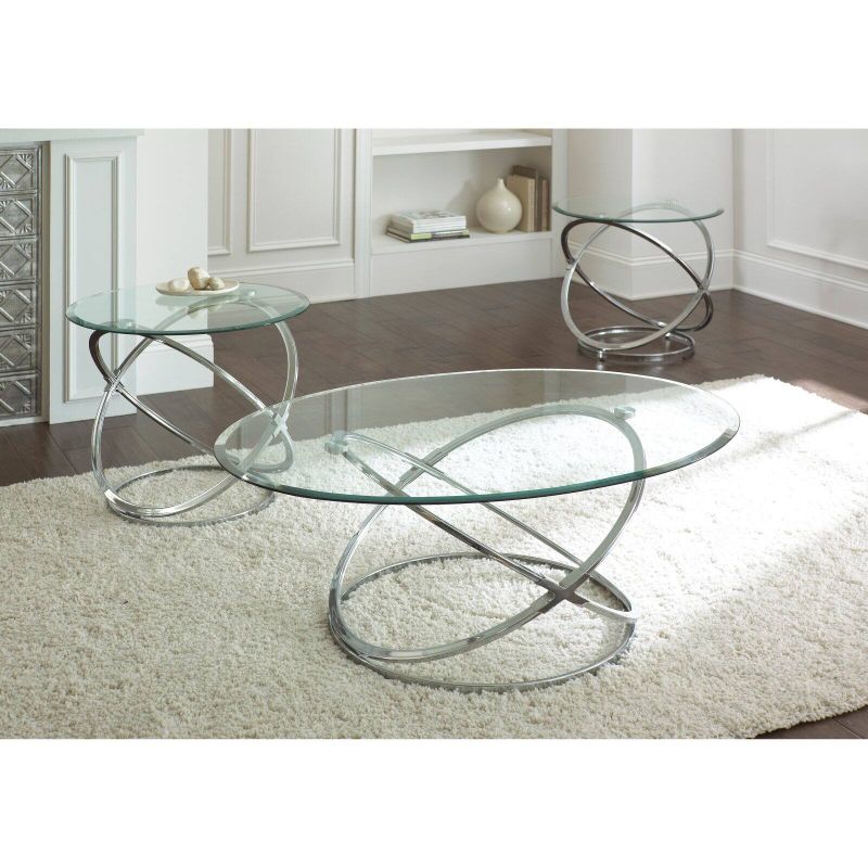Photo 1 of (INCOMPLETE; NOT FUNCTIONAL; MISSING GLASS TOPS) Steve Silver Orion Oval Chrome and Glass Coffee Table Set
