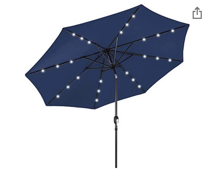 Photo 1 of (STAINED/TORN MATERIAL)10ft Solar Powered Aluminum Polyester LED Lighted Patio Umbrella w/Tilt Adjustment and UV-Resistant Fabric, Navy Blue