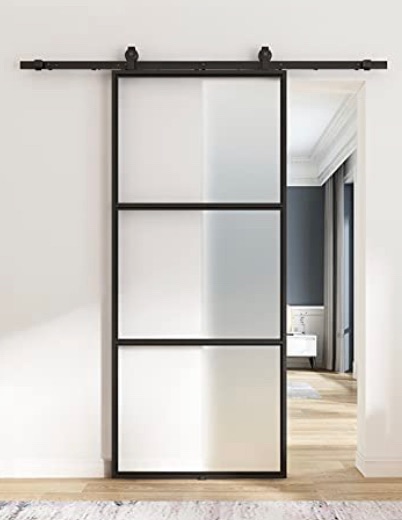 Photo 1 of (SCRATCHED/DENTED FRAMES; SCRATCHED/BENT BARS) BARNSMITH 36in x 84in Frosted Glass Barn Door with 6FT Top Mounted Hardware kit Soft Close Mechanism Black Carbon Steel Tempered Modern Frosted Glass Sliding Door Assemble Required Easy Installation