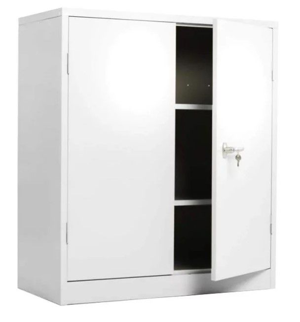 Photo 1 of (BENT CORNER; MISSING KEYS) JINGUR Metal Storage Cabinet with 2 Adjustable Shelves and Locking Doors (white)