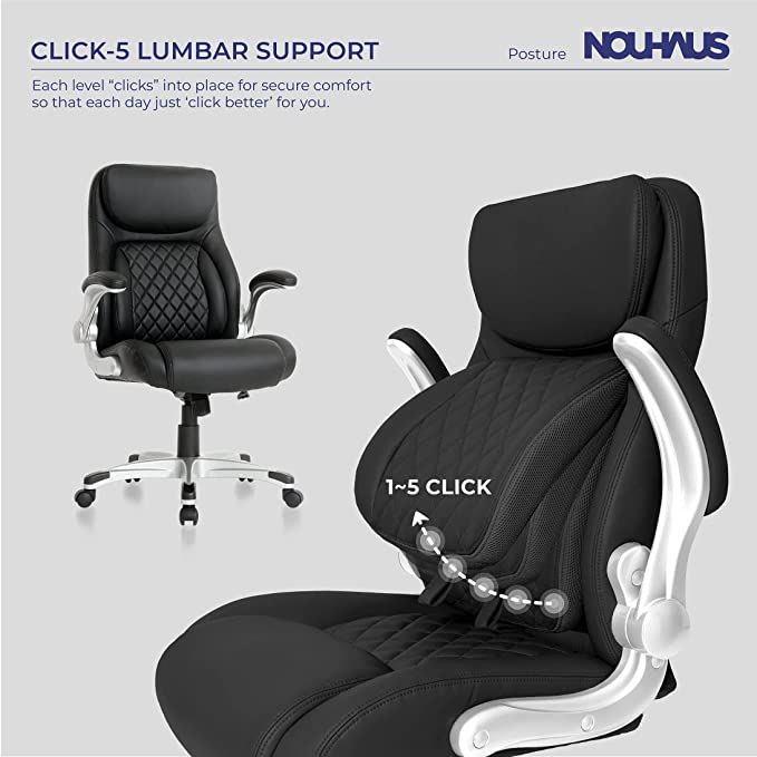 Photo 1 of (MISSING ARMREST/HARDWARE; SCRATCHED) NOUHAUS +Posture Ergonomic PU Leather Office Chair. Click5 Lumbar Support with FlipAdjust Armrests. Modern Executive Chair and Computer Desk Chair (Black)
