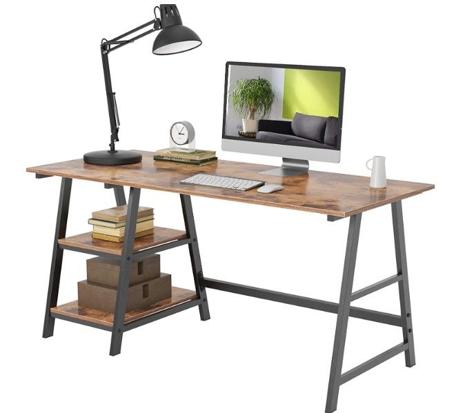 Photo 1 of Trestle Desk with 2 Shelves,soges Home Office Storage Desk with Hutch, 55 inches Computer Desk Workstation, Student Desk School Desk Wooden Desk, Rustic Brown CS-Tplus-140FG