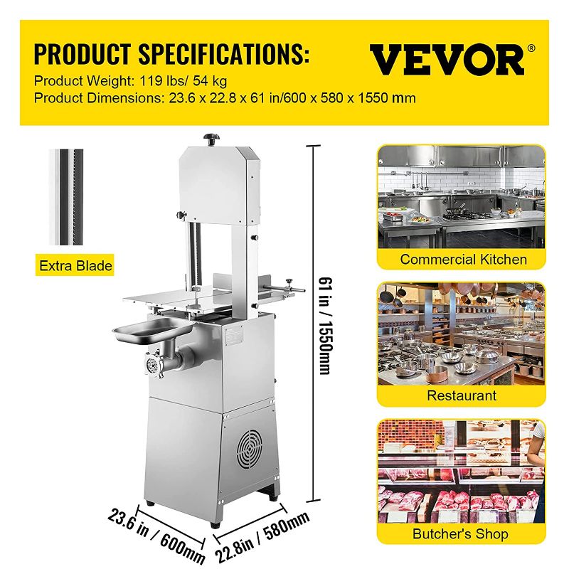 Photo 1 of VEVOR Commercial Bone Saw Machine, 550W 2 in 1 Bone Cutting Meat Grinder Machine, Stainless Steel Blade Bone Sawing, 24x18 inch Workbench Bandsaw Cutting Thickness 0-8.3 inch for Fish Pork Beef