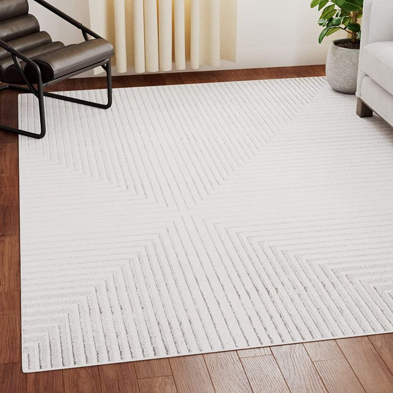 Photo 1 of  Abstract Striped Area Rug–Geometric Line Pattern-Low Pile for High Traffic, 5x8 Rug-Gray Rug for Living Room