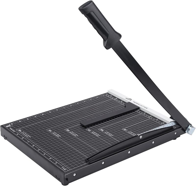 Photo 1 of ISDIR Paper Cutter Guillotine, 15 Inch Paper Cutting Board, 12 Sheets Capacity, Heavy Duty Metal Base, Dual Paper Guide Bars, Professional Paper Cutter and Trimmer for Home, Office (15'' Bright black)
