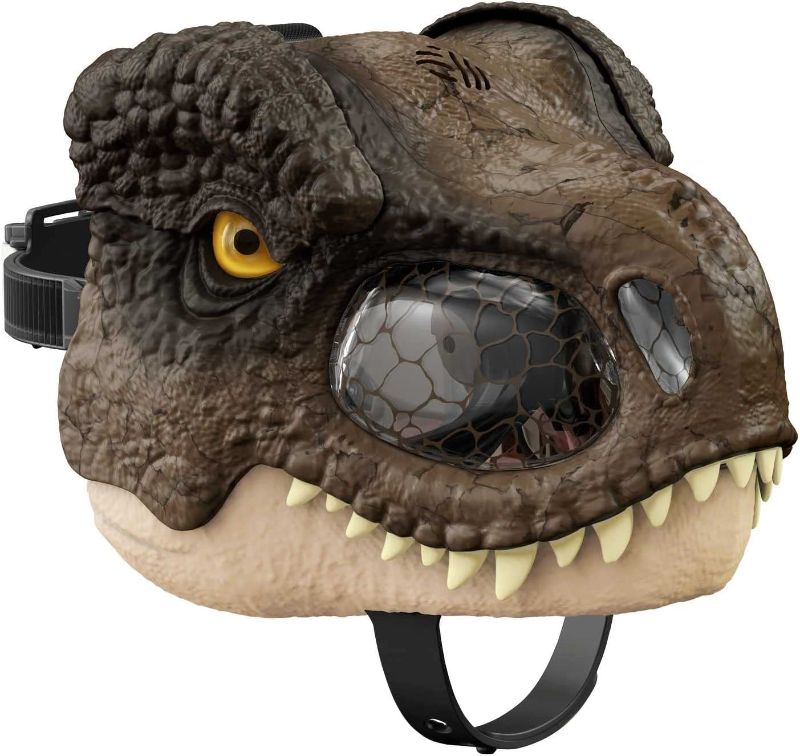 Photo 1 of ****DAMAGED***
Jurassic World Dominion Tyrannosaurus Rex Chomp N Roar Mask, Costume Dinosaur Toy with Multi-Level Motion and Roar Sounds
