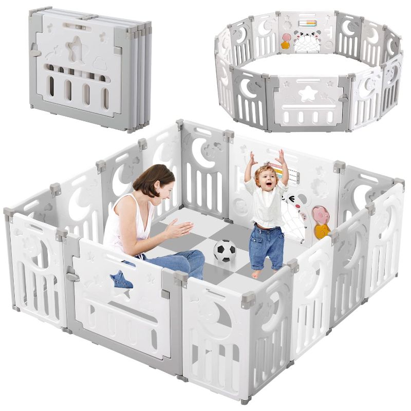 Photo 1 of Baby Playpen, Dripex Upgrade Foldable Kids Activity Centre Safety Play Yard Home Indoor Outdoor Baby Fence Play Pen NO Gaps with Gate for Baby Boys Girls Toddlers (Grey + White)
