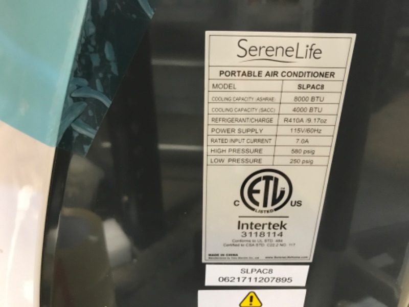 Photo 4 of **PARTS ONLY**
Portable Electric Air Conditioner Unit - 900W 8000 BTU Power Plug In AC Cold Indoor Room Conditioning System w/ Cooler, Dehumidifier, Fan, Exhaust Hose, Window Seal, Wheels, Remote - SereneLife SLPAC8 13.8"D x 14.6"W x 27.2"H
