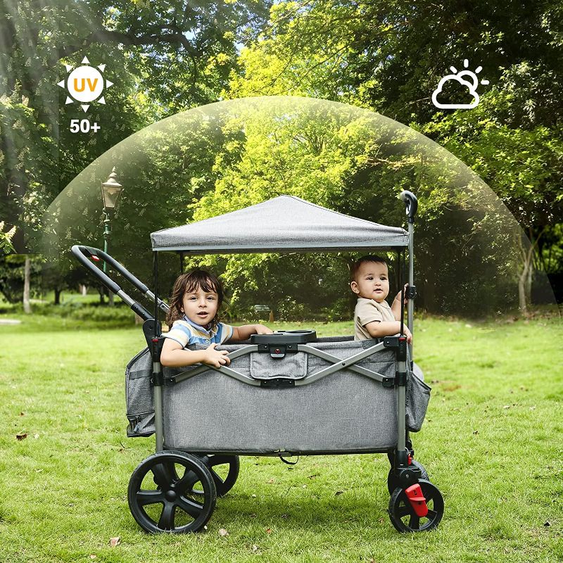 Photo 1 of EVER ADVANCED Foldable Wagons for Two Kids & Cargo, Collapsible Folding Stroller with Adjustable Handle Bar,Removable Canopy with 5-Point Harness
