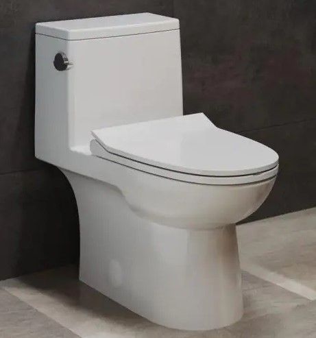 Photo 1 of (BROKEN-OFF CORNER OF LID) Swiss Madison Daxton 1-piece 1.28 GPF Single Flush Elongated Toilet in Glossy White, Seat Included