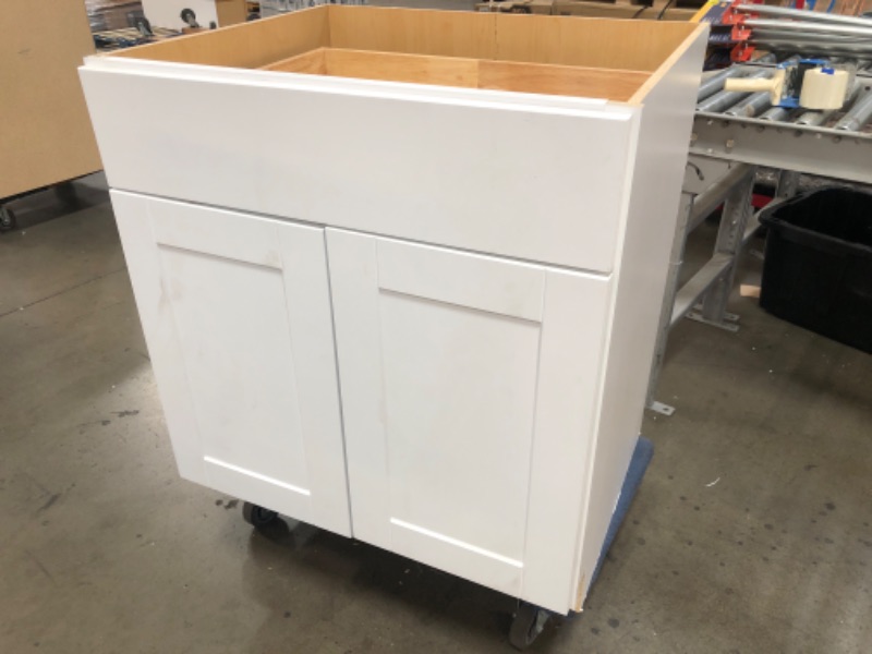 Photo 2 of (CRACKED/DAMAGED BASE) Hampton Satin White Raised Panel Stock Assembled Base Kitchen Cabinet with Drawer Glides (36 in. x 34.5 in. x 24 in.)
