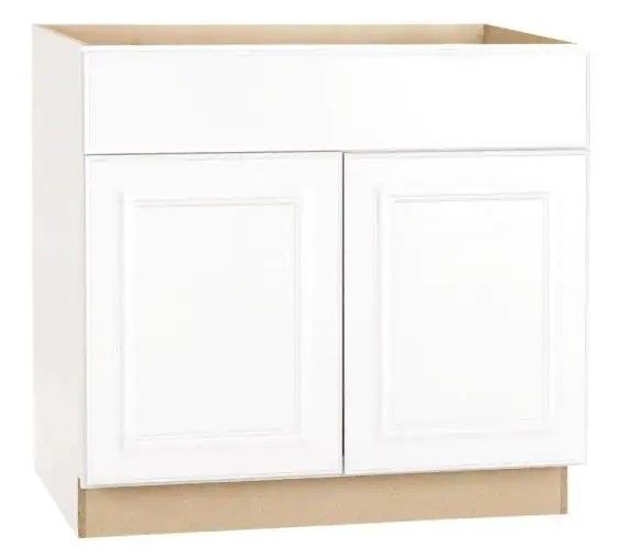 Photo 1 of (CRACKED/DAMAGED BASE) Hampton Satin White Raised Panel Stock Assembled Base Kitchen Cabinet with Drawer Glides (36 in. x 34.5 in. x 24 in.)
