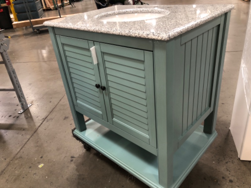 Photo 1 of (DOES NOT INCLUDE FAUCET SET) Home Decorators Collection Hamilton 31 in. W x 22 in. D x 35 in. H Open Shutter Bathroom Vanity in Sea Glass with Grey Granite Top
