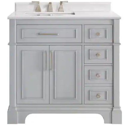 Photo 1 of (CRACKED MARBLE; CRACKED PAINT; COSMETIC DAMAGES; FAUCET NOT INCLUDED) Home Decorators Collection Melpark 36 in. W x 22 in. D Bath Vanity in Dove Grey with Cultured Marble Vanity Top in White with White Sink