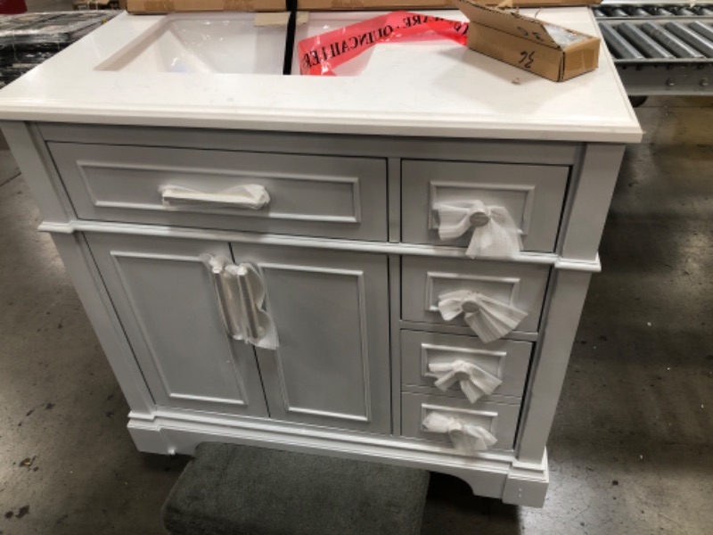 Photo 2 of (CRACKED MARBLE; CRACKED PAINT; COSMETIC DAMAGES; FAUCET NOT INCLUDED) Home Decorators Collection Melpark 36 in. W x 22 in. D Bath Vanity in Dove Grey with Cultured Marble Vanity Top in White with White Sink