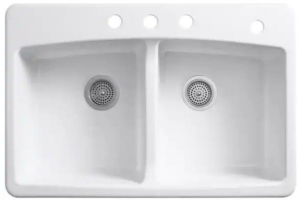 Photo 1 of (MISSING HARDWARE/ACCESSORIES) KOHLER Brookfield White Cast Iron 33 in. 4-Hole Double Bowl Drop-in Kitchen Sink