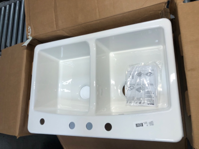 Photo 3 of (MISSING HARDWARE/ACCESSORIES) KOHLER Brookfield White Cast Iron 33 in. 4-Hole Double Bowl Drop-in Kitchen Sink