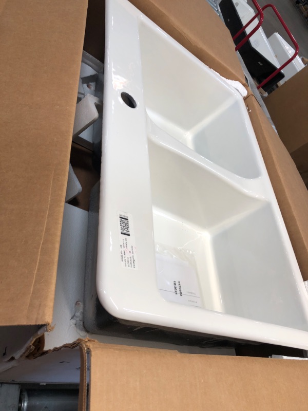 Photo 2 of (MISSING ACCESSORIES/HARDWARE) KOHLER Deerfield Drop-In Cast Iron 33 in. 1-Hole Double Bowl Kitchen Sink in White