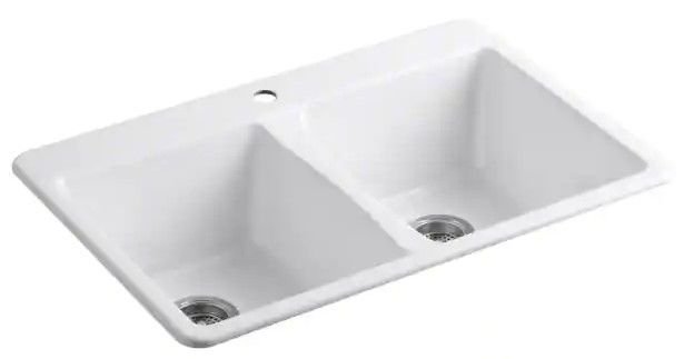 Photo 1 of (MISSING ACCESSORIES/HARDWARE) KOHLER Deerfield Drop-In Cast Iron 33 in. 1-Hole Double Bowl Kitchen Sink in White