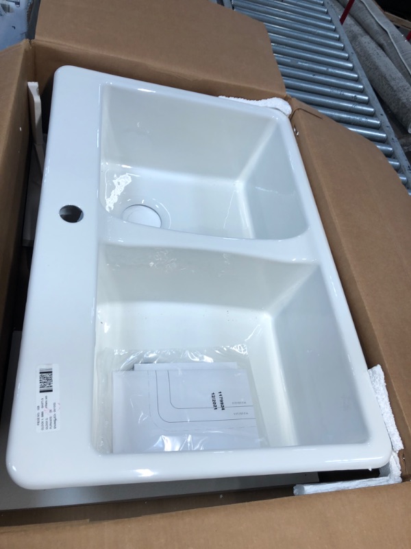 Photo 3 of (MISSING ACCESSORIES/HARDWARE) KOHLER Deerfield Drop-In Cast Iron 33 in. 1-Hole Double Bowl Kitchen Sink in White