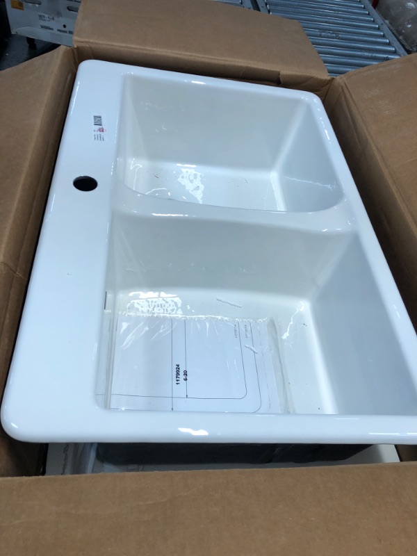 Photo 3 of (MISSING HARDWARE/ACCESSORIES) KOHLER Deerfield Drop-In Cast Iron 33 in. 1-Hole Double Bowl Kitchen Sink in White