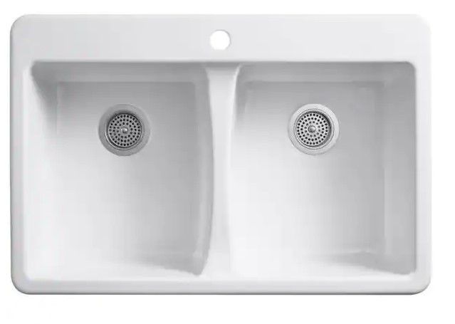 Photo 1 of (MISSING HARDWARE/ACCESSORIES) KOHLER Deerfield Drop-In Cast Iron 33 in. 1-Hole Double Bowl Kitchen Sink in White