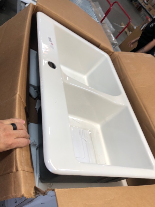 Photo 2 of (MISSING HARDWARE/ACCESSORIES) KOHLER Deerfield Drop-In Cast Iron 33 in. 1-Hole Double Bowl Kitchen Sink in White