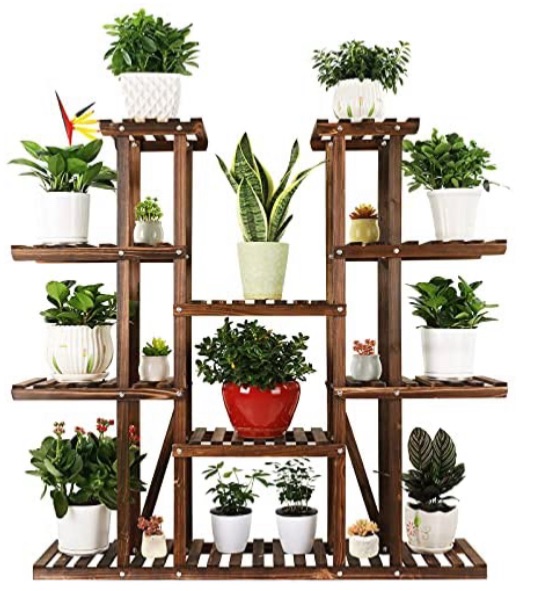 Photo 1 of (CRACKED/DAMAGED WOOD) Ufine 9 Tier Wood Plant Stand Carbonized Flower Rack 17 Potted Organizer Tall Plant Display Shelf for Indoor Outdoor Patio Garden Corner Balcony Living Room Kitchen