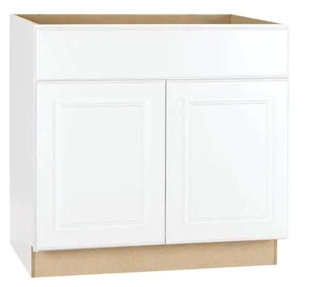 Photo 1 of (CRACKED BACK LOWER BASE) Hampton Bay Hampton Satin White Raised Panel Stock Assembled Sink Base Kitchen Cabinet (36 in. x 34.5 in. x 24 in.)