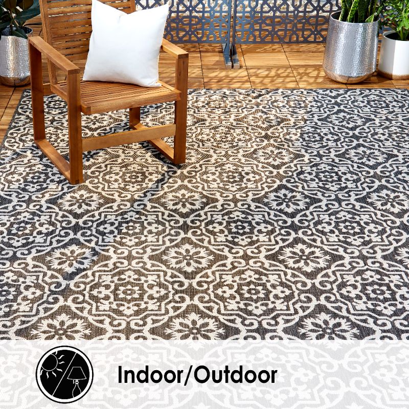 Photo 1 of 6 Ft. 6 in. X 9 Ft. 2 in. NM Patio Country Outdoor Area Rug, Black & Gray