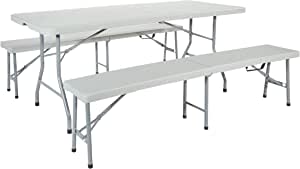 Photo 1 of (MISSING TABLE; DENTED/COSMETIC DAMAGES) Office Star Resin 3-Piece Folding Bench and Table Set, 2 Benches and 6 x 2.5-Feet Table,3 Piece Rectangle Table and Benches
