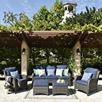 Photo 1 of (INCOMPLETE; NOT FUNCTIONAL; BOX1OF2; REQUIRES BOX2 FOR COMPLETION) XIZZI Patio Furniture Sets Outdoor Furniture Conversation Set All Weather Wicker High Back Couch with Ottomans,Grey Wicker Denim Blue,5PCS

