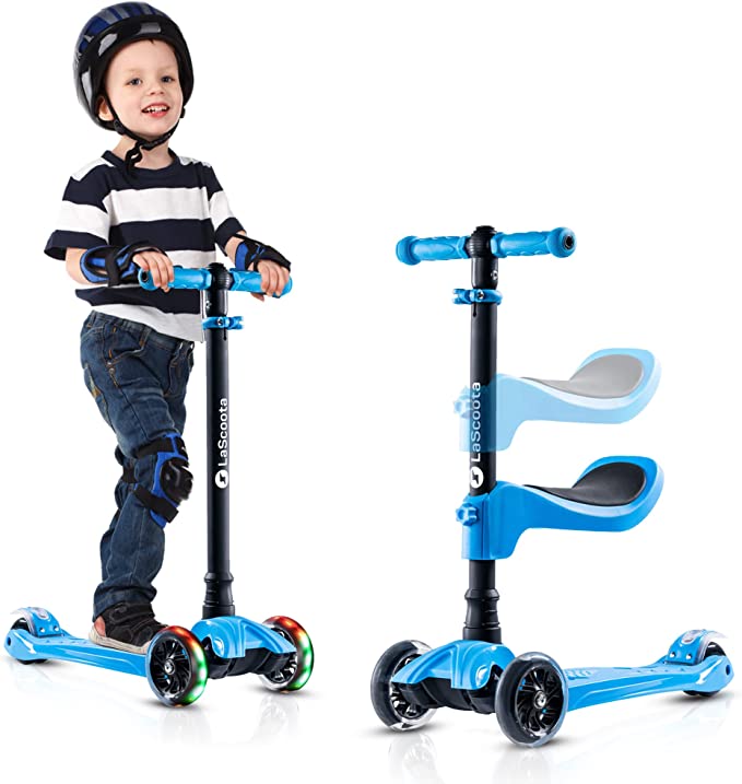 Photo 1 of LaScoota 2-in-1 Kids Kick Scooter, Adjustable Height Handlebars and Removable Seat, 3 LED Lighted Wheels and Anti-Slip Deck, for Boys & Girls Aged 3-12 and up to 100 Lbs.
