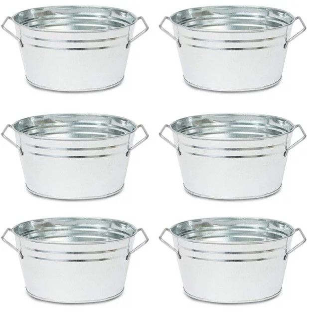 Photo 1 of 6 Pack Oval Galvanized Metal Bucket Planter Pot with Handles, Silver Pail for Garden Planting & Farmhouse Home Decor, 9 x 6 x 4 in
